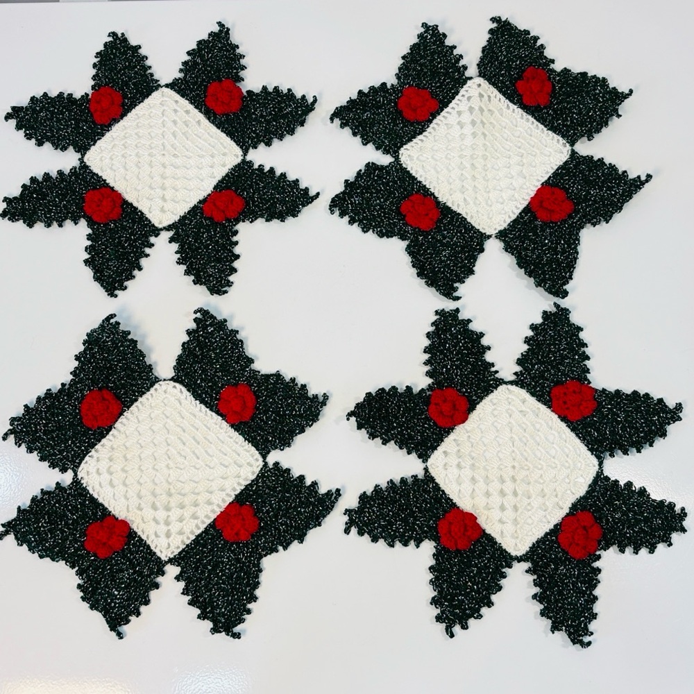 Vintage Crocheted Christmas Doilies Set of 4 Holly Under Decor Pillar Candles